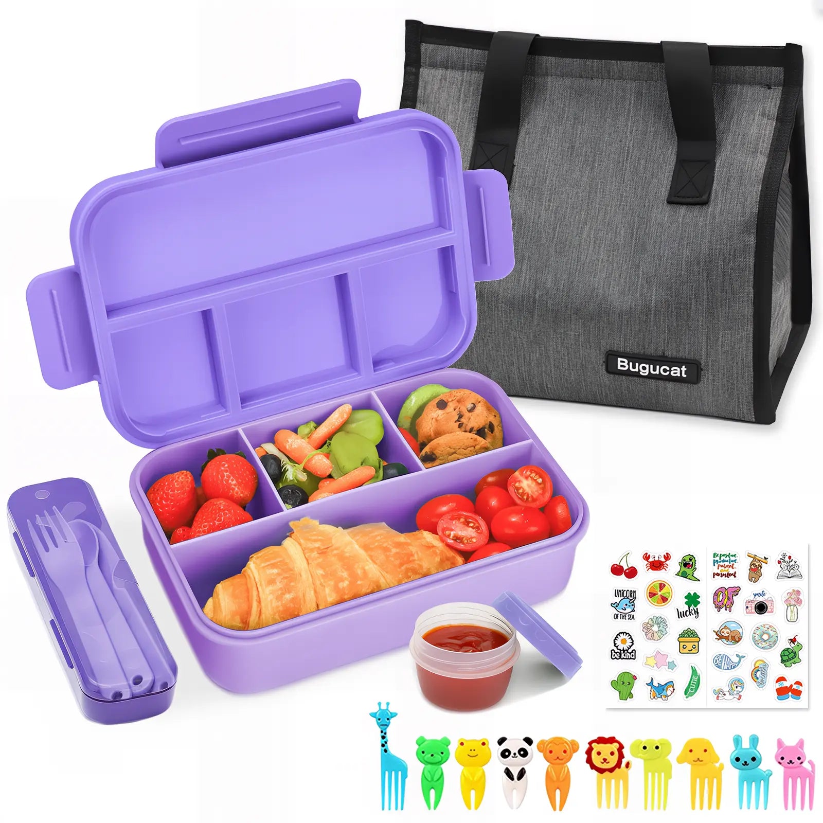 Bugucat 1300ML Leak-Proof Lunch Box with 4 Compartments for Kids & Adults - Bento Box for Boys Girls - Vesper Can Design - Ideal for Breakfast & Lunch - Includes Free Sauce Containers & Cutlery