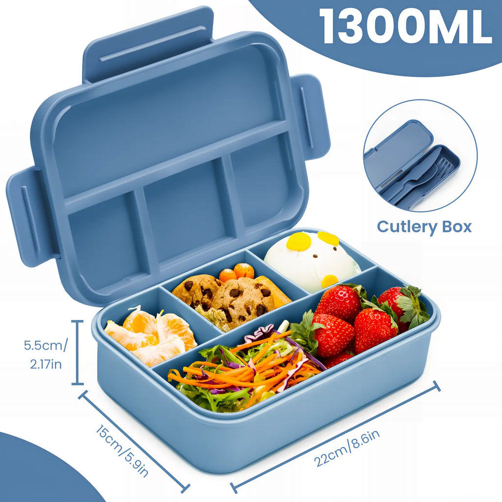 Bugucat 1300ML Leak-Proof Lunch Box with 4 Compartments for Kids & Adults - Bento Box for Boys Girls - Vesper Can Design - Ideal for Breakfast & Lunch - Includes Free Sauce Containers & Cutlery