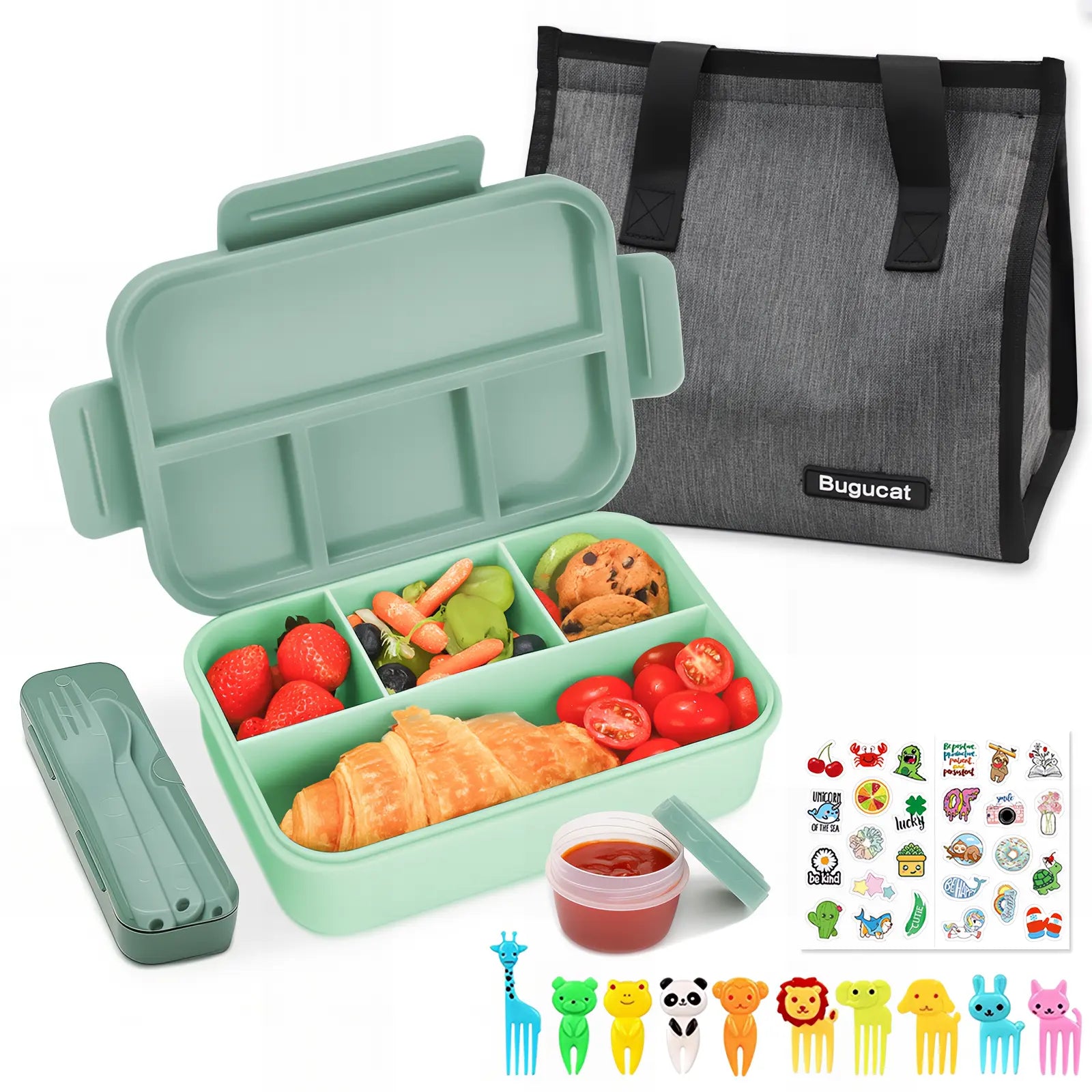 Bugucat 1300ML Leak-Proof Lunch Box with 4 Compartments for Kids & Adults - Bento Box for Boys Girls - Vesper Can Design - Ideal for Breakfast & Lunch - Includes Free Sauce Containers & Cutlery