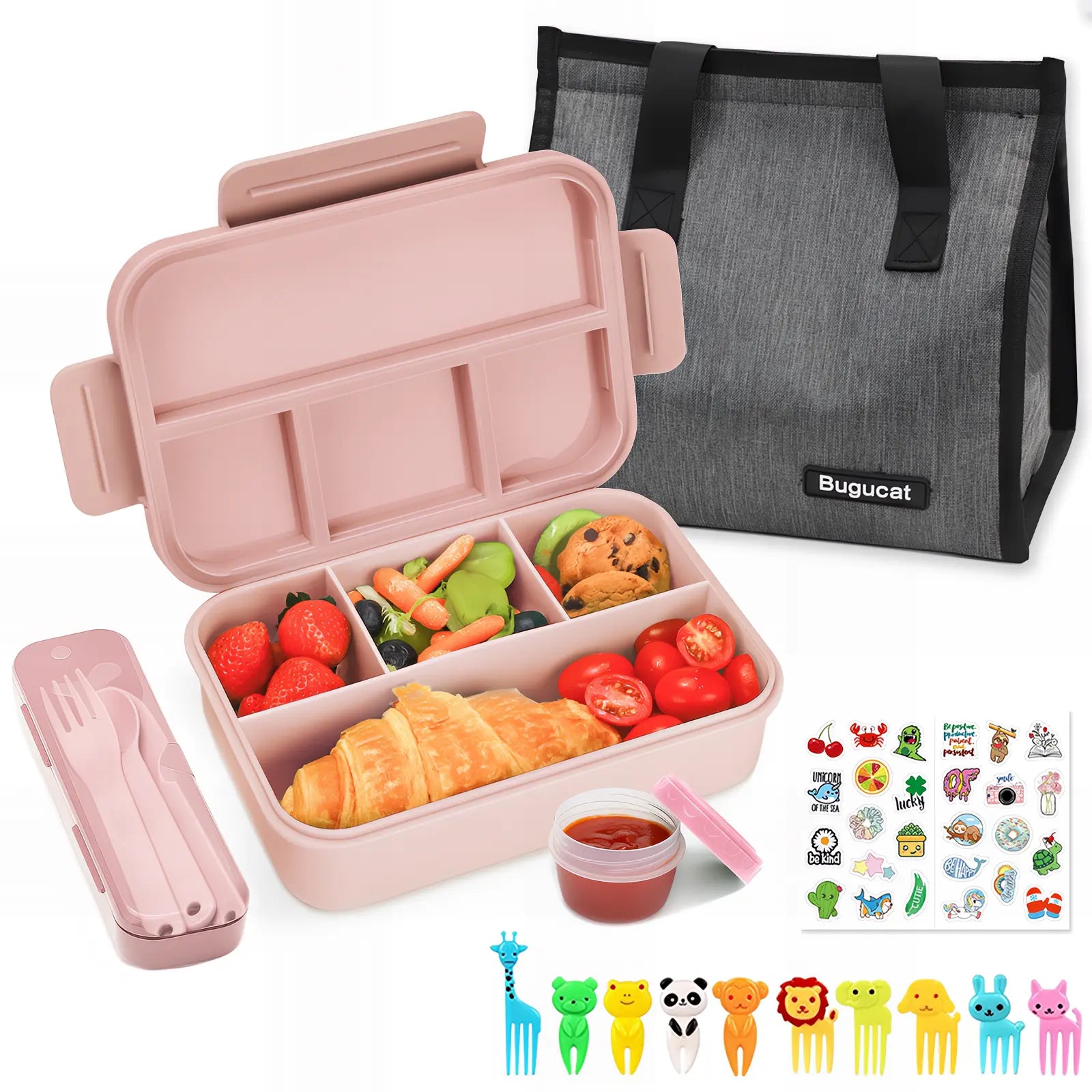 Bugucat 1300ML Leak-Proof Lunch Box with 4 Compartments for Kids & Adults - Bento Box for Boys Girls - Vesper Can Design - Ideal for Breakfast & Lunch - Includes Free Sauce Containers & Cutlery