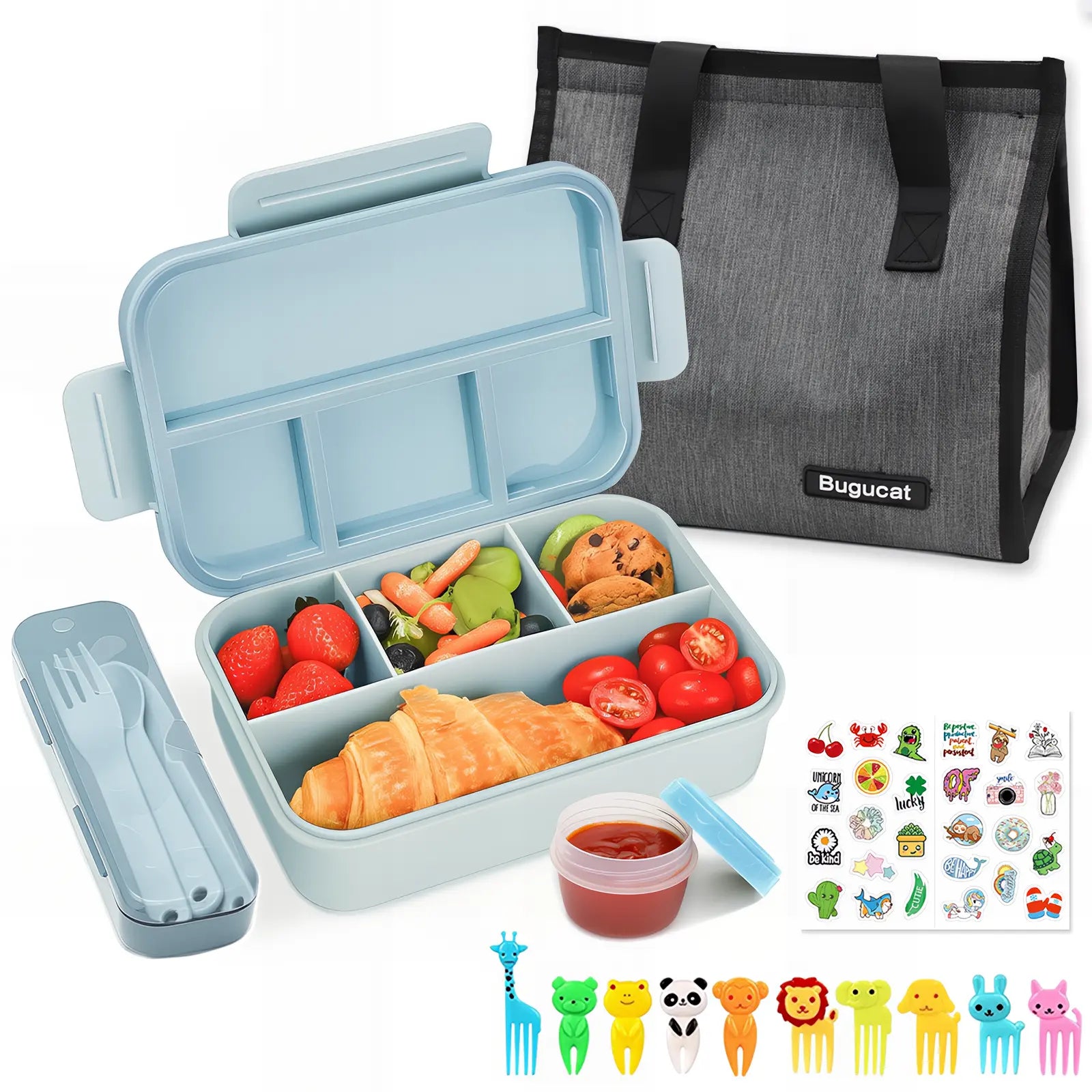 Bugucat 1300ML Leak-Proof Lunch Box with 4 Compartments for Kids & Adults - Bento Box for Boys Girls - Vesper Can Design - Ideal for Breakfast & Lunch - Includes Free Sauce Containers & Cutlery