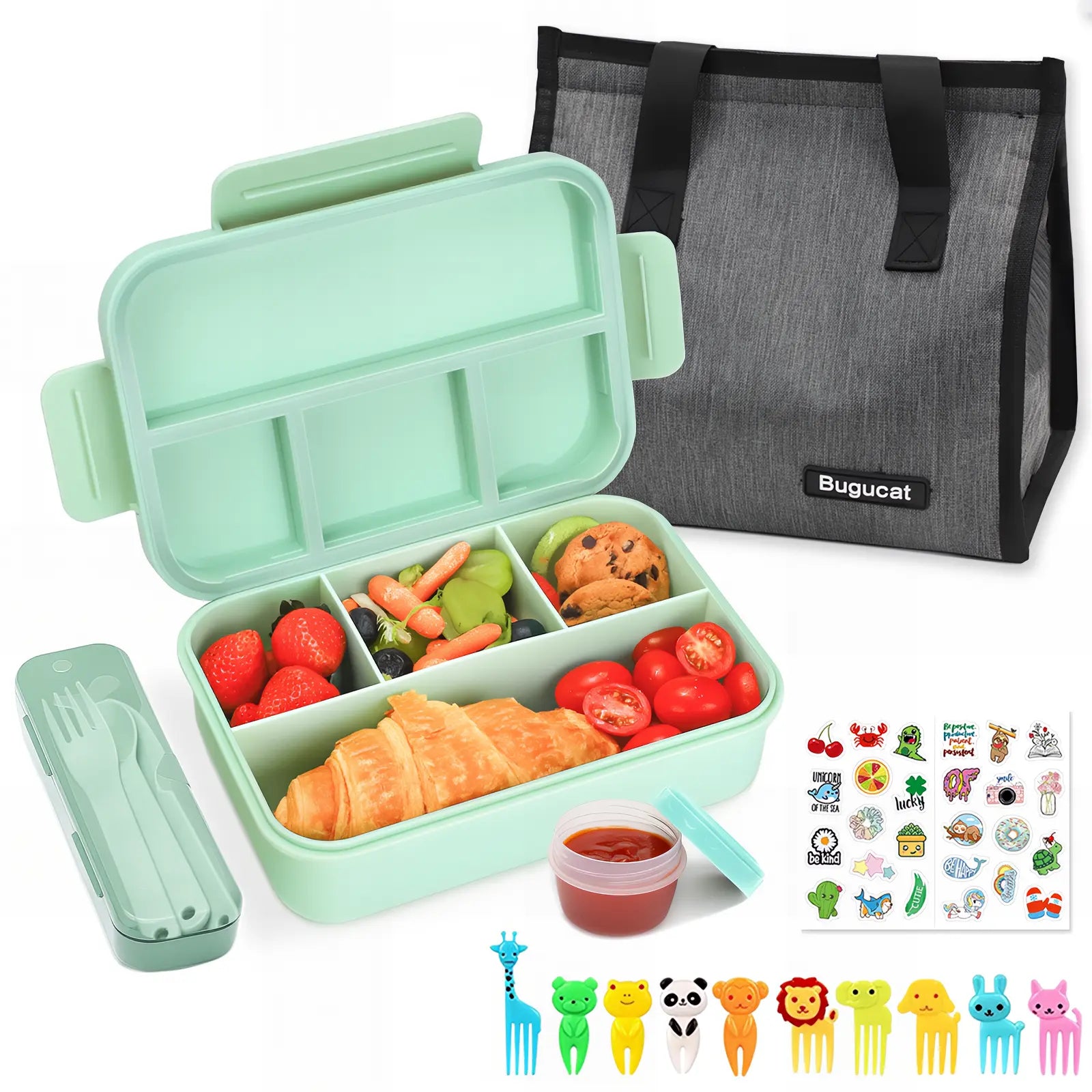 Bugucat 1300ML Leak-Proof Lunch Box with 4 Compartments for Kids & Adults - Bento Box for Boys Girls - Vesper Can Design - Ideal for Breakfast & Lunch - Includes Free Sauce Containers & Cutlery
